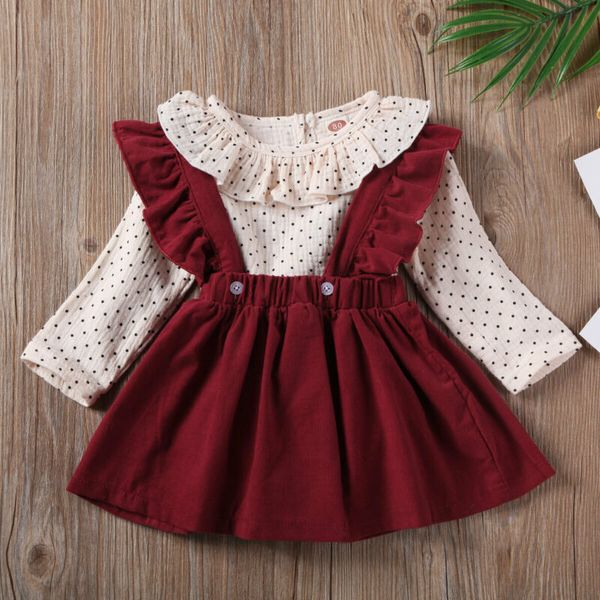 

toddler girl clothes baby girl ruffles polka dot print romper long sleeve strap dress cottom skirt clothing set, White