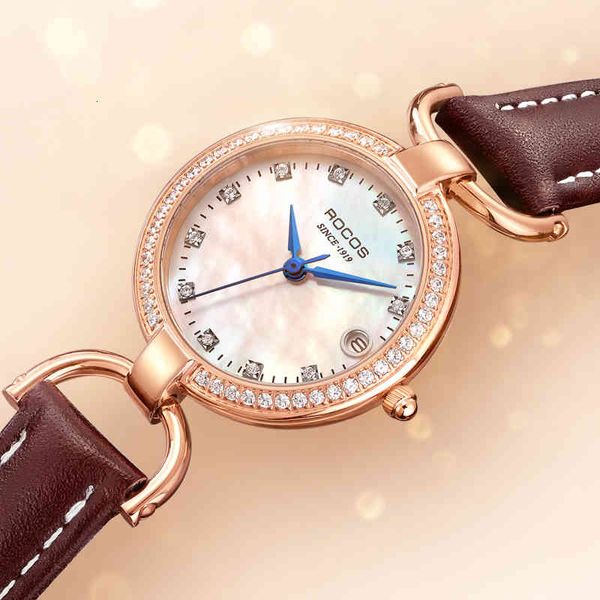 

watch rocos arrival lady's shell quartz waterproof fashion delicate leather round women's wristwatch r0122l, Slivery;brown