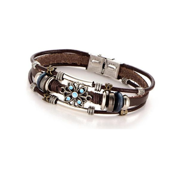 

charm bracelets vintage flower jewelry boho style handmade female punk multi-layer leather bracelet, Golden;silver