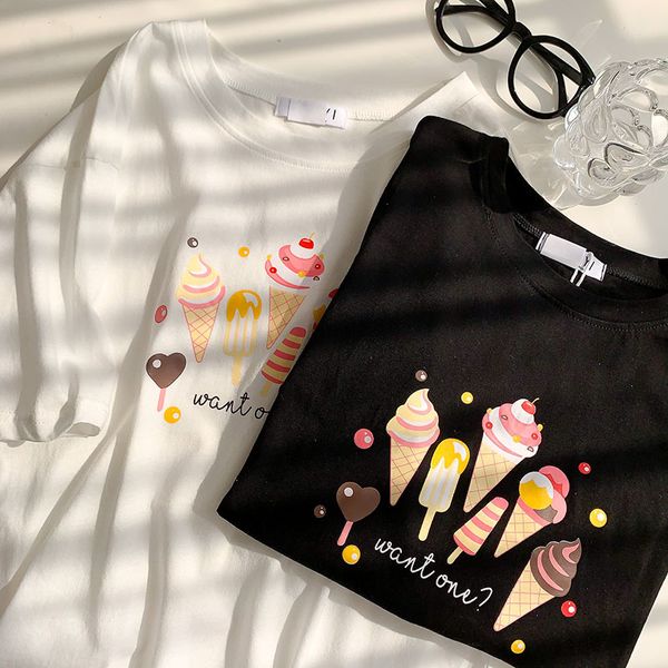 

2021 new mooirue summer women ice cream printed white black short sleeve tee shirt 84bu
