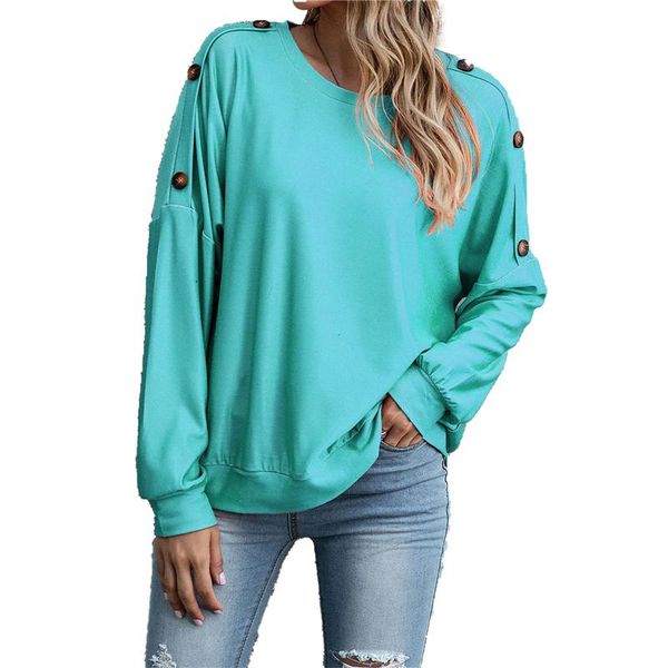 

women's t-shirt fall long sleeve solid color elastic party round neck loose warm shoulder buttons clothes, White