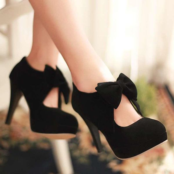 

dress shoes spring autumn high heels sweet bowtie platform women pumps plus size 30-48 elegant party wedding woman, Black