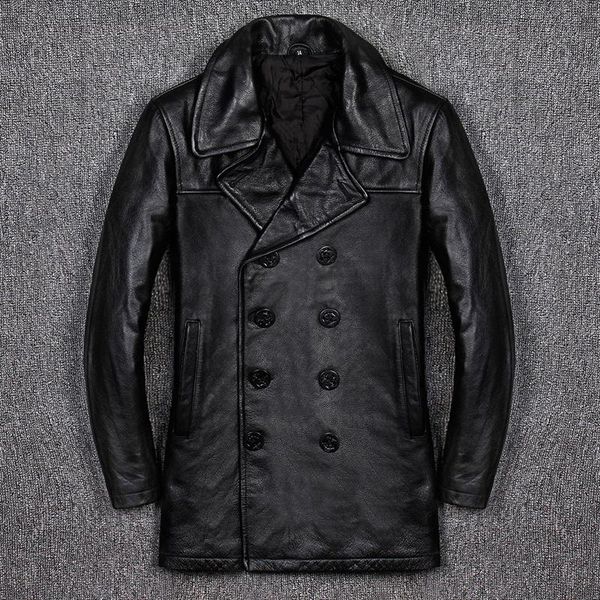 

men's leather & faux genuine jacket men business plus cotton casual slim fit windbreaker cowhide long winter coat, Black