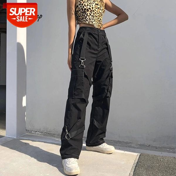 

weekeep pockets patchwork black streetwear cargo pants high waist fashion straight trousers women 90s autumn ribbon gothic pants #nw3h, Black;white