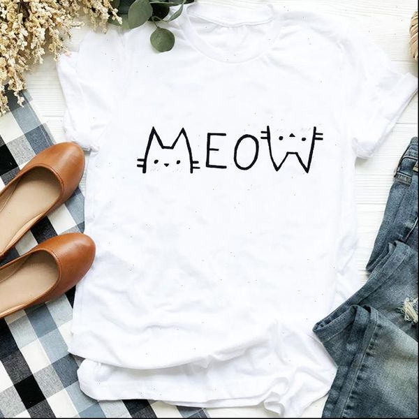 

women lady cat cartoon letter cute fashion printing 90s print tshirt shirt clothes graphic female t tee womens t shirt, White