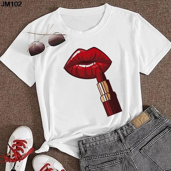

women's t-shirt fashion lipstick lips print female harajuku o-neck t shirt summer casual streetwear short sleeve lady tshirt, White