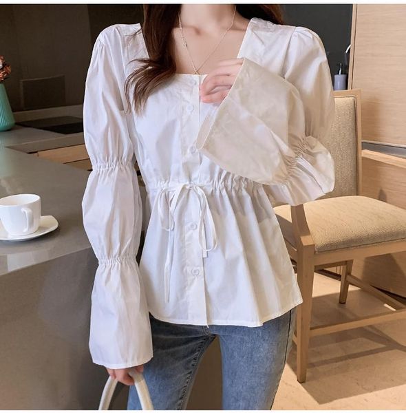 

women's blouses & shirts spring korean flare sleeve white shirt square collar blouse lady casual drawstring female vintage