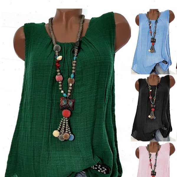 

plus size vintage linen cotton baggy blouse shirts women summer o neck sleeveless ladies loose blusas 7 colors s 5xl, White