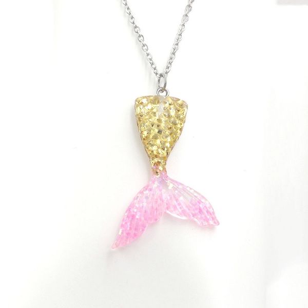 

mermaid necklaces gradient color fishtail pendants necklace for women girls resin pendant with 18inch chain fashion jewelry, Silver