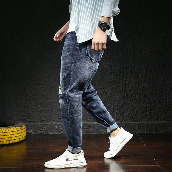 

summer plus-sized size jeans mens plus-sized skinny ripped large size casual loose elastic pants fashion brand, Blue