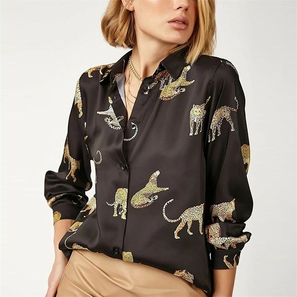 

women blouses long sleeve turn-down collar casual fashion leopard print ol style office shirt ladies loose blouses blusas 210226, Black;gray
