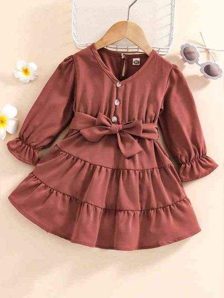 

baby flounce sleeve fake button ruffle hem belted dress she, Red;yellow