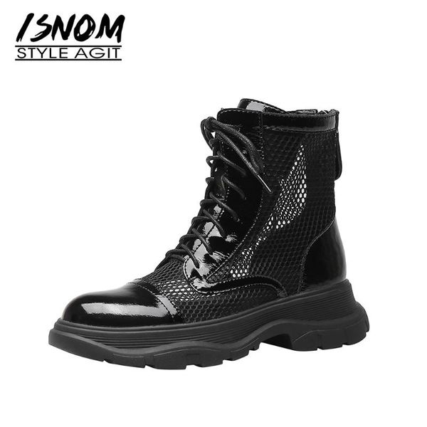 

isnom 2021 new women boots mesh sandals genuine leather med heels boots round toe zip up shoes female summer shoes, Black