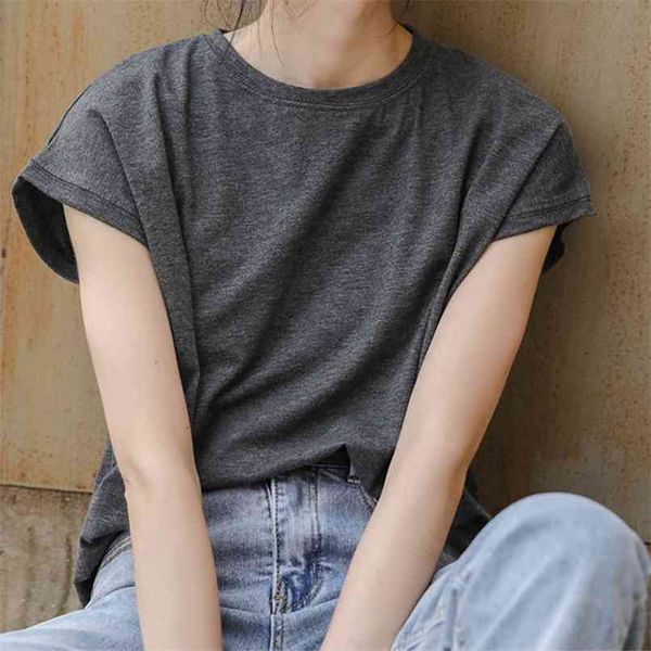 

all-match solid round neck short sleeve women summer fashion loose casual t-shirt female black white shirts tees girls 210601