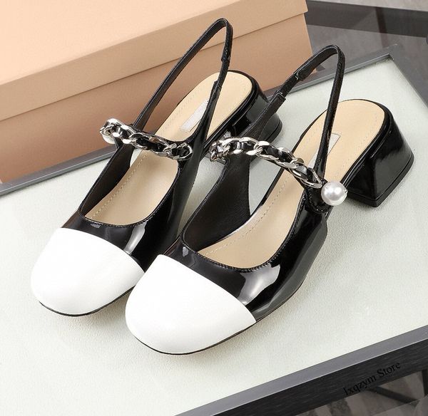 

official website 70% off outlet new arrival leather big head heeled shoes mary jane high heels female pearl metal chain buckle shallow mouth, Black