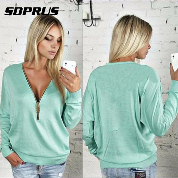 

women's hoodies & sweatshirts women long sleeve deep v-neck zipper bat pullover hoodied slim short female, Black