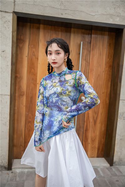 

2021 new hollow out mesh long sleeve t see through floral print tshirt women tee shirt ladies korean style i1s5, White