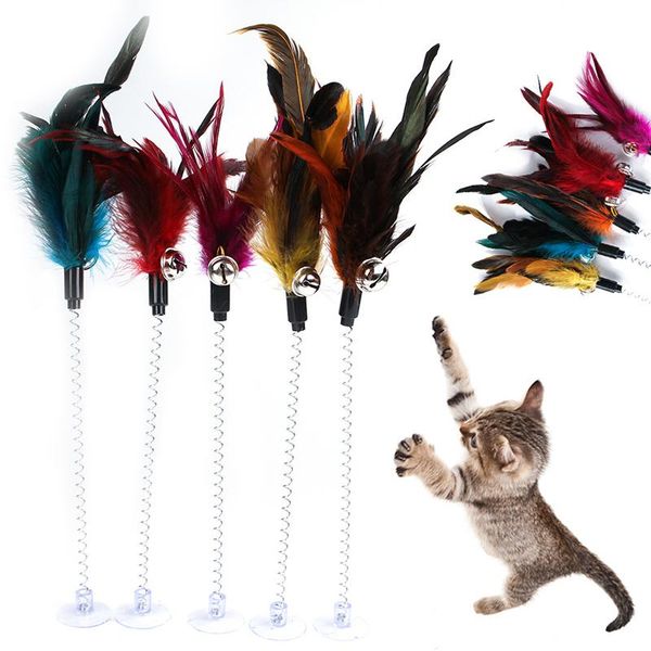 

cat toys 1pc spring pet toy elastic with bell color mouse and feather bottom sucker accessories supplies