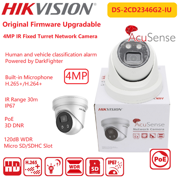 

cameras hikvision 4mp ip camera ds-2cd2346g2-iu poe ir built-in microphone ip67 fixed turret network surveillance acusense cctv
