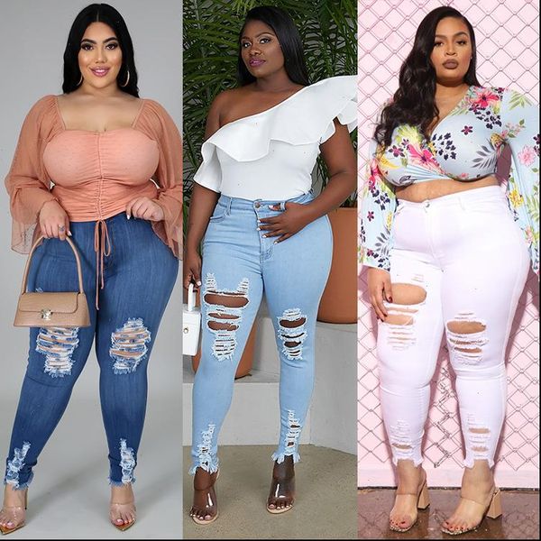 

ins est women ripped jeans plus size ladys nightclub wear high waist hollow out denim pencil pants 2020 autumn new, Blue