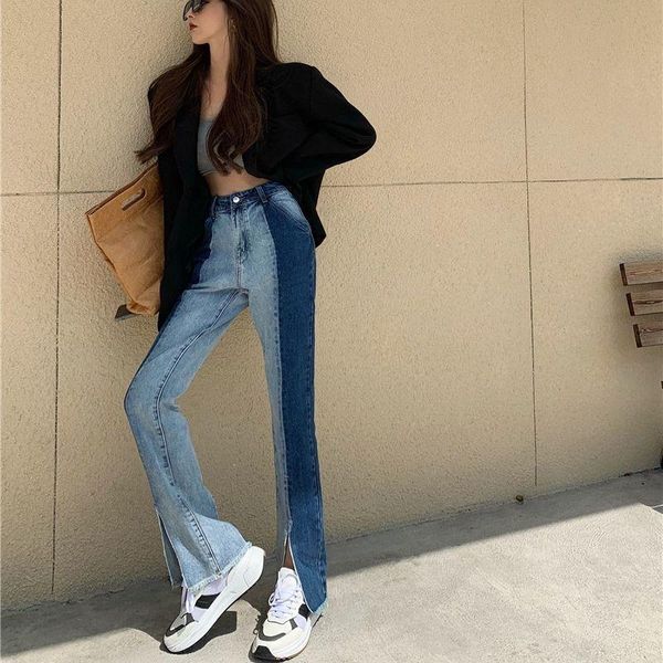 

women's jeans vintage patchwork wome high waist streetwear loose split straight trousers female korean denim pants, Blue