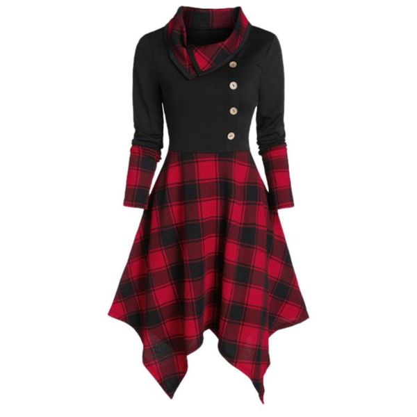 

casual dresses punk gothic plaid long sleeve womes irregular hem buttons midi dress hip lapels high waist a-line robes vestidos, Black;gray