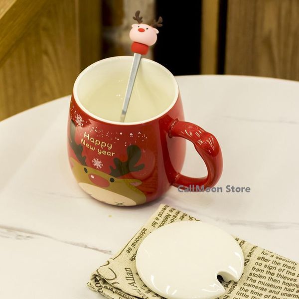 

mugs coffee cup with lid spoon ins 400-500ml christmas gift elk ceramic cartoon cute mug milk water tea