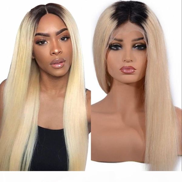 

1b 613 ombre blonde lace front wigs for women 130% peruvian human hair straight lace front wigs with baby hair, Black;brown