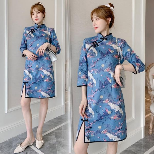 

casual dresses special temperament modern print dress sleeve improving in the winter faux suede split cheongsam, Black;gray