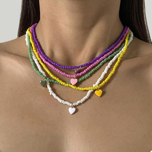 

chokers ins handmade rainbow color heart rice bead necklace accessories for women gift geometric stacked beaded choker jewelry, Golden;silver
