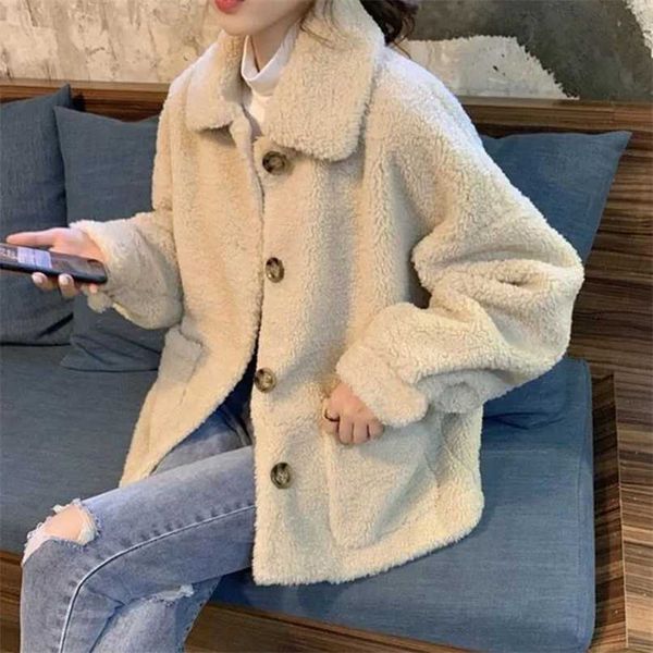 

autumn winter lamb wool coat women korean turndown collar teddy overcoat female harajuku warm faux fur jackets outwear natural 211220, Black