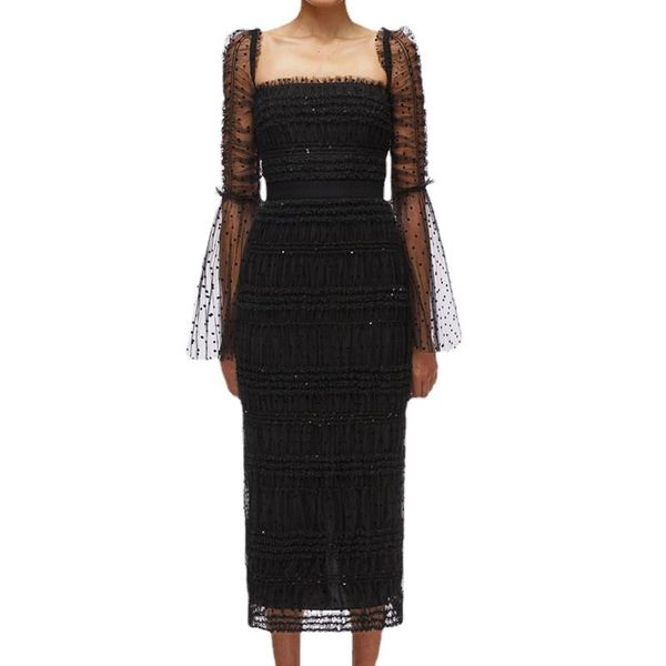 

casual dresses 2021 autumn fashion designer flocking wave point women flare long sleeve, Black;gray