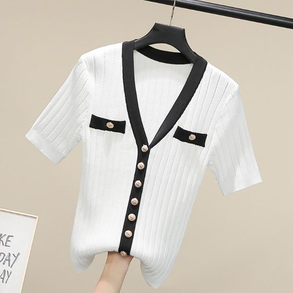 

women's knits & tees summer patchwork glitter buttons up knitted sweater cardigan women fashion elegant slim white thin short sleeve v-