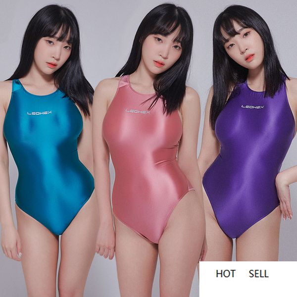 Leohex cetim brilhante leotards mulheres high elasticidade bodysuit sexy sem encosto um pedaço de banho glitter brilho nadar banho ternos