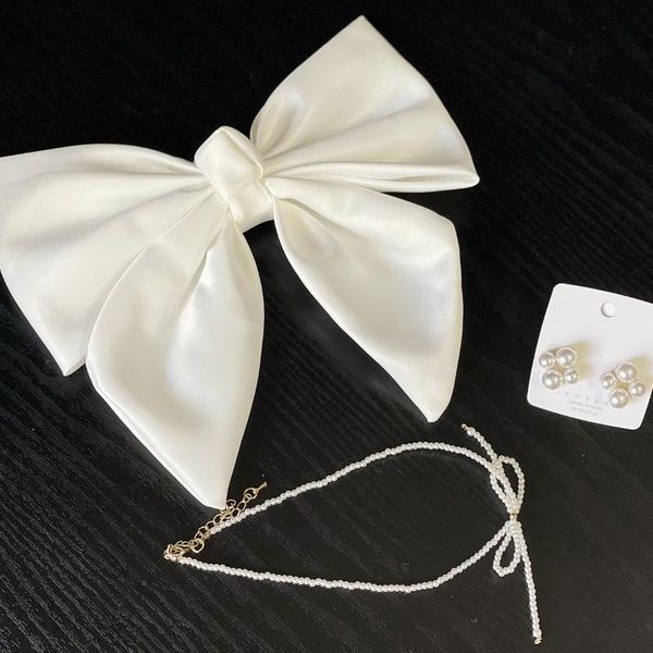 

earrings & necklace white bow hair accessories set with & ear clips elegant fashion wedding jewelry gifts for women lb, Silver