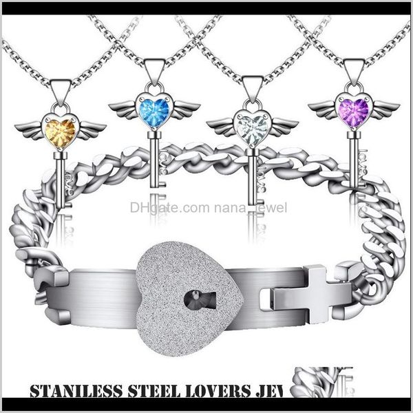 

stainless steel lovers engagement joyas heart lock bracelet love key shiny rhinestone pendant necklace couples jewelry set wedding hmk cugfn, Silver