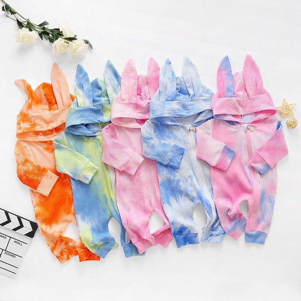 

2021 new autumn winter newborn baby clothing baby boys girls tie dyed ears hat long sleeved hooded zippered romper, Blue