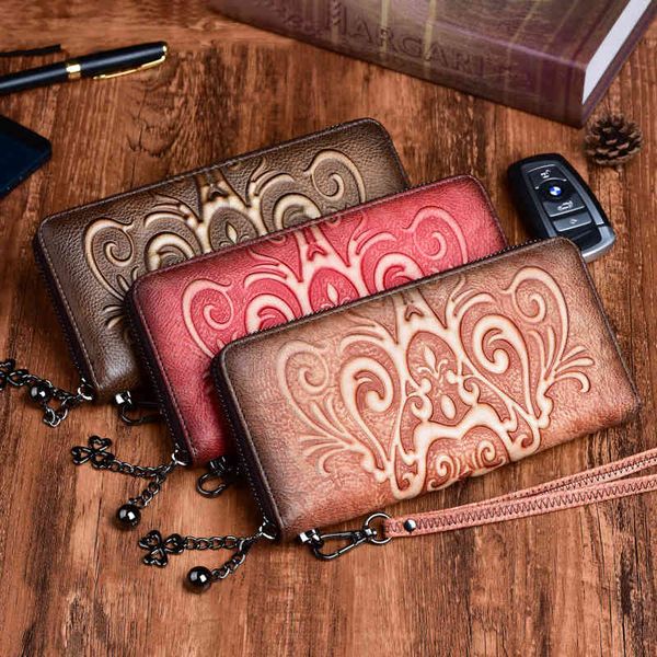 

wallet 2021 vegetable tanning leather personalized hand color rubbing embossed long zipper bag multi function, Red;black
