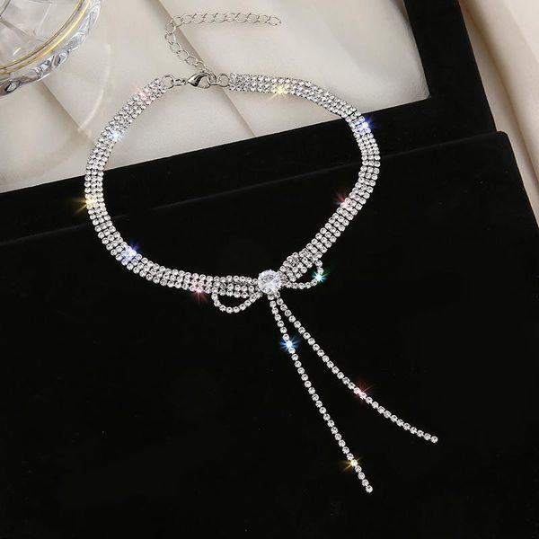 

pendant necklaces crystal fringe necklace bow long women's rhinestone layered boho letter butterfly for women wedding jewelry party gif, Silver