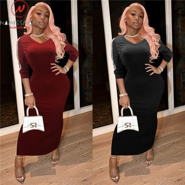 

casual dresses fashion women solid color pencil dress for streetwear side stripes design split v-neck half sleeve mid waist long, Black;gray