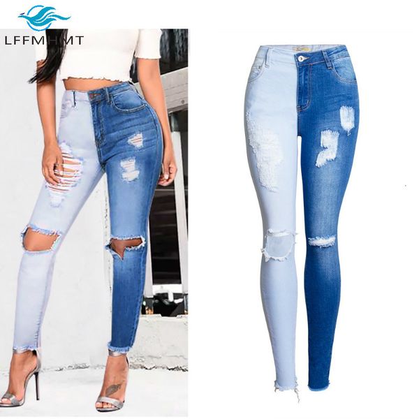 

2021 new american european style frayed vintage patchwork denim pant lady skinny slim fit pencil trouser female retro casual trendy fi2v, Blue