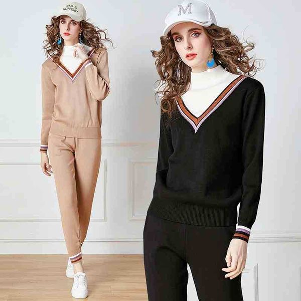 

patchwork vintage half turtleneck knitted sweater with pants two piece set women fall winter casual striped tracksuit 210525, White