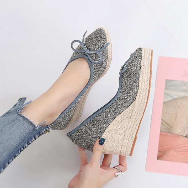 

dress shoes women bow high heels platform summer pointed toe wedges lady leisure vacation weave espadrilles female comfortable pumps, Black