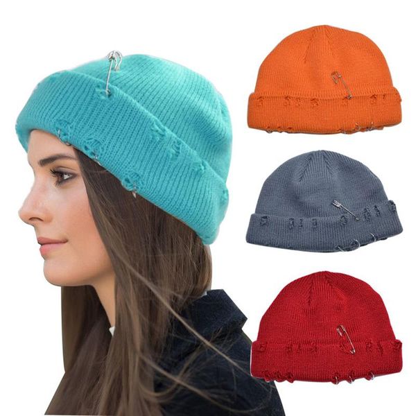 

beanies hip hop winter beanie hat women cool metal pin rings rock knitted skull watch cap for men