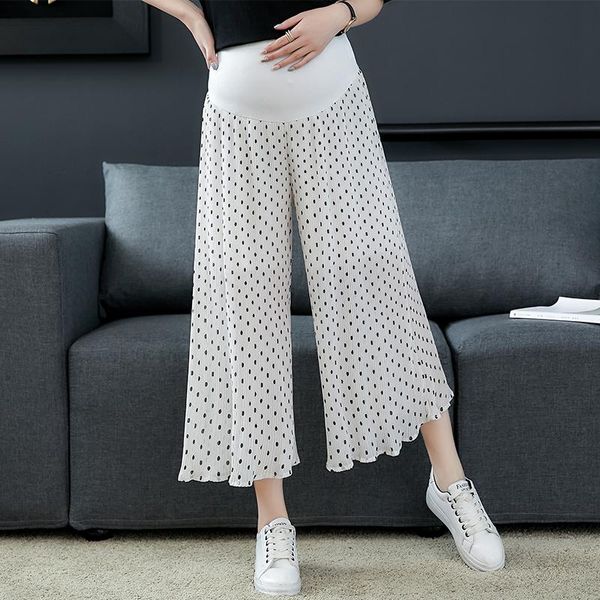 

maternity bottoms spring, summer, pregnant women trousers pleated wide-legged nine minutes of pants spring loaded loose fashion wave point p, White