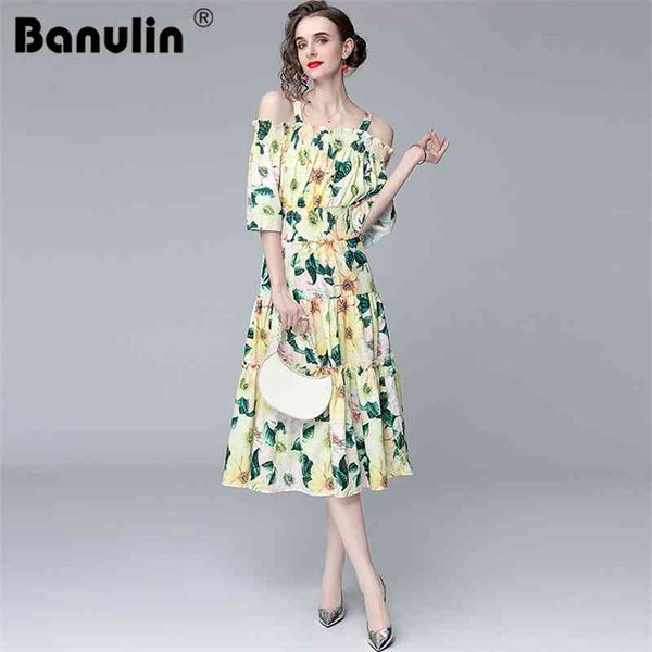 

runway summer spaghetti strap midi dress women's slash neck off shoulder camellia flower print ruffles beach dresses 210603, Black;gray