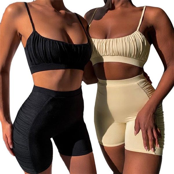 

2 colors casual solid bodycon 2 piece set summer autumn women strap t shirt short black sleeveless crop two pieces sets, Gray