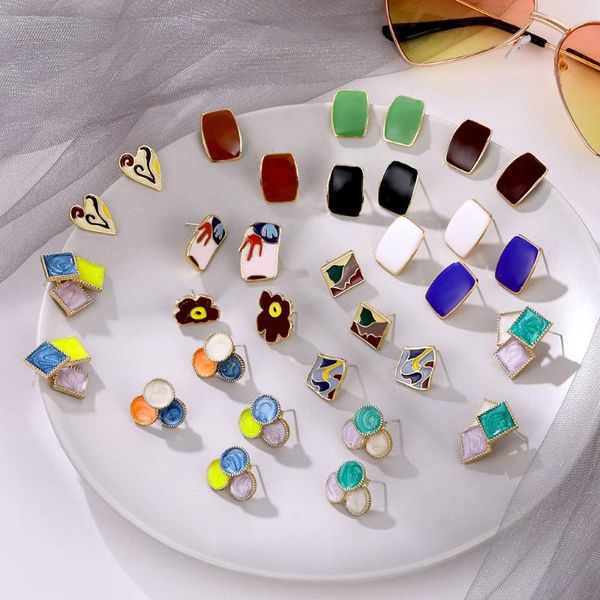 

stud fnio s925 needle autumn and winter warm color hit earrings fashion geometric square stitching for women gift, Golden;silver