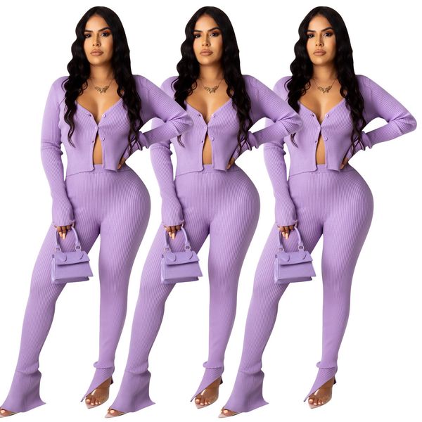 

2021 new solid color long-sleeved v-neck upper garment pants women two piece oufits autumn european and american suit q2mi, Gray