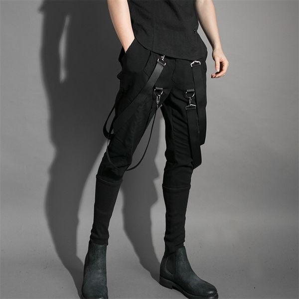 

men multi pockets hip hop punk harem pants ribbons street wear man casual joggers elastic waist cargo trousers techwear 211013, Black